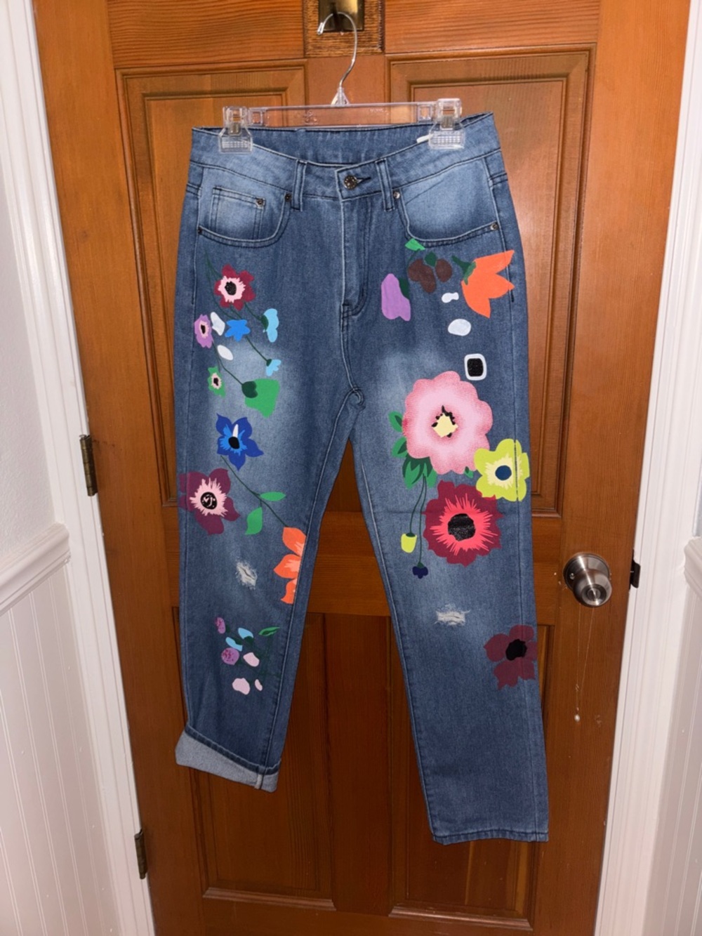 Source Unknown Blue Denim Jeans with Colorful Hand-Painted Floral Design
